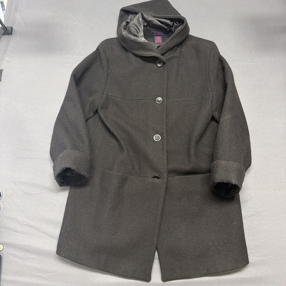 black wool-blend hooded coat by Denim & Co. with front button closures Medium